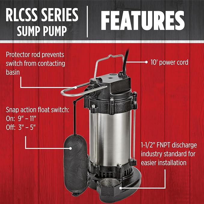 Red Lion RL50CSS 115 Volt, 1/2 HP, 3900 GPH Stainless Steel Sump Pump with Snap-Action Switch, Steel/Black, 14942794