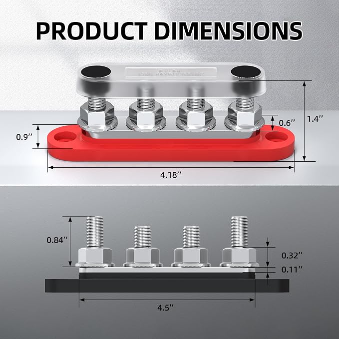 150A 12V Bus Bar Terminal Block with 4 x 5/16" (M8) Studs & Cover, Power Distribution Block for Marine Automotive Solar, 12 Volt Battery Bussbar with 8 Copper Lugs & Heat Shrink Tubing, Red Black Pair