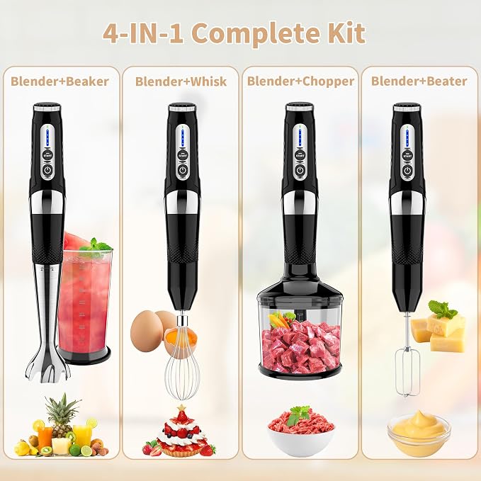 Toogel Cordless Immersion Blender, 4-in-1 Electric Hand Blender with 21-Speed & 3-Angle Adjust, USB Rechargeable, BPA-Free & Dishwasher Safe for Baby Food, Smoothies, Soup (Black)