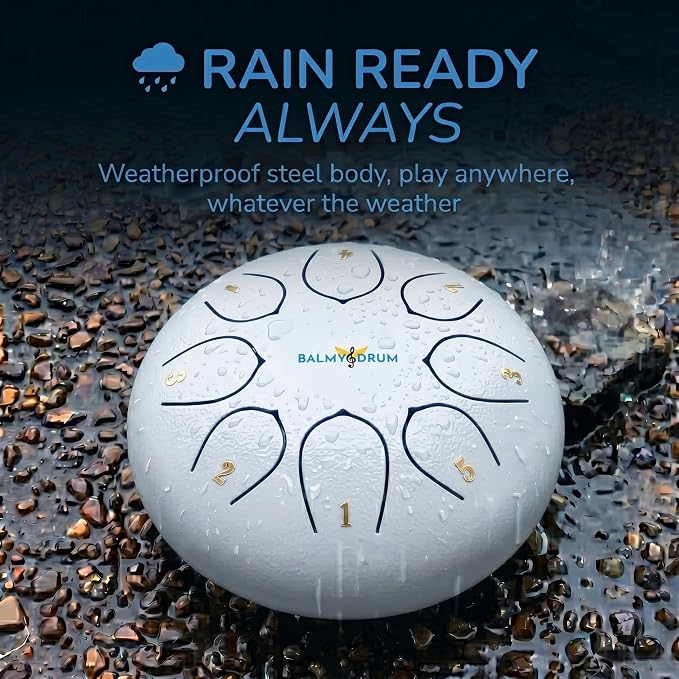 Balmy Drum Steel Tongue Drum 6 inch 8 Notes 440Hz, Handpan Drum with Music Book, Mallets, Carry Bag, Finger Picks, Rain Drum for Outdoor, Meditation Yoga Calming Instruments for Adults Kids (White)