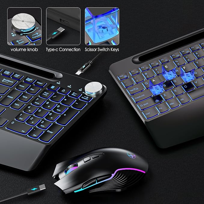2.4G Wireless Keyboard with Mouse, Backlit Wireless Keyboard Mouse Combo,Rechargeable,with 7 Colored Backlits &Phone Holder &Wrist Rest &jiggler Mouse.Lighted up Full Size for Mac Windows Laptop PC
