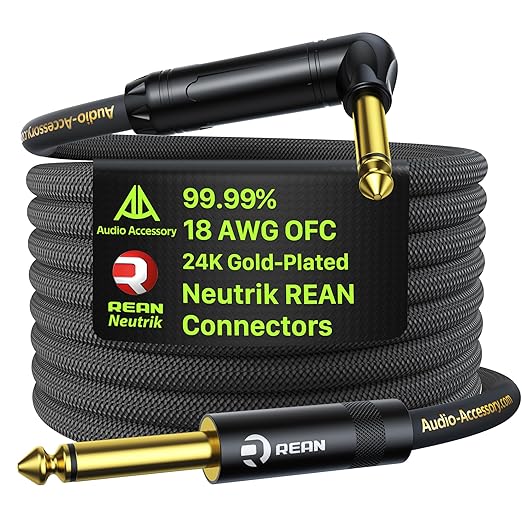 AA AUDIO ACCESSORY Pro Series Guitar Cable 10 ft, Gold-Plated Neutrik REAN Connector, 18 AWG 99.99% OFC, Low Capacitance Straight to Right Angle 1/4 Inch Instrument Cable for Fender Electric Guitar