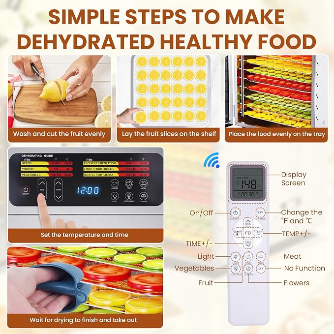 Food Dehydrator for Jerky, 10 Stainless Steel Trays, 1000W Fruit Dehydrator, 24H Timer and 194°F Temperature Control, Overheat Protection, Food Dryer for Jerky, Herbs, Fruit, Dog Treats, Remote