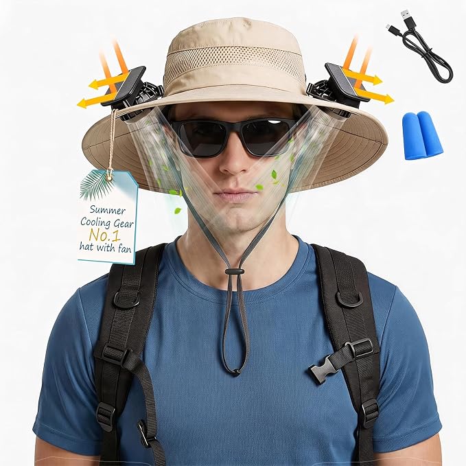 Solar Powered Fan hat with 2 USB Charging Removable Fans Wide Brim Sun Cooling in Them Sun for Adults Protection Fishing Beach Gardening with Earplugs