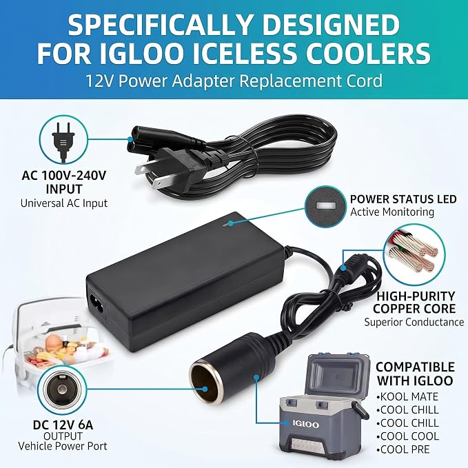 12V Power Adapter Cord for Igloo Iceless Coolers | DC12V replacement cord for Igloo Kool Mate, Cool Chill, and thermoelectric coolers. For plug-in vehicle cooler use.