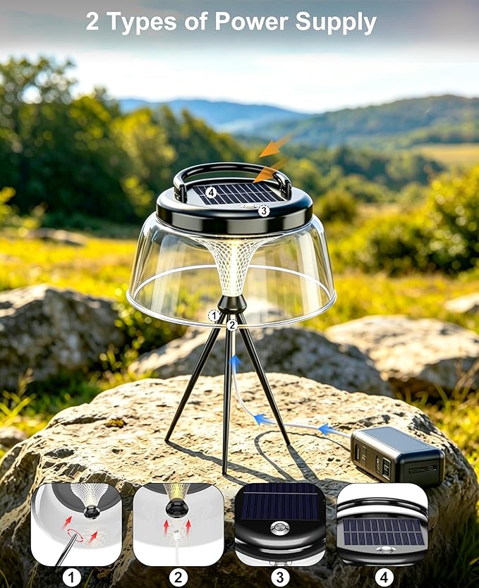Solar Camping Lantern, Dimmable 360°COB LED Camping Light Rechargeable, IP65 Waterproof Portable Camping Lanterns, Hanging/Tabletop Lamp for Tent, Patio Decor, Emergency Power Outage(Black)