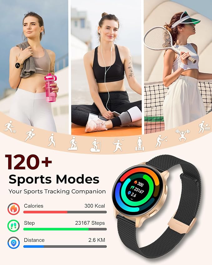 Smart Watch for Women, 1.27" HD Fitness Tracker with 4 Bands & Necklace Gift Set, Heart Rate SpO2 Sleep Monitor, 120+ Sport Modes, Call & Notifications, Smartwatch for Android iPhone, 40mm Black Gold