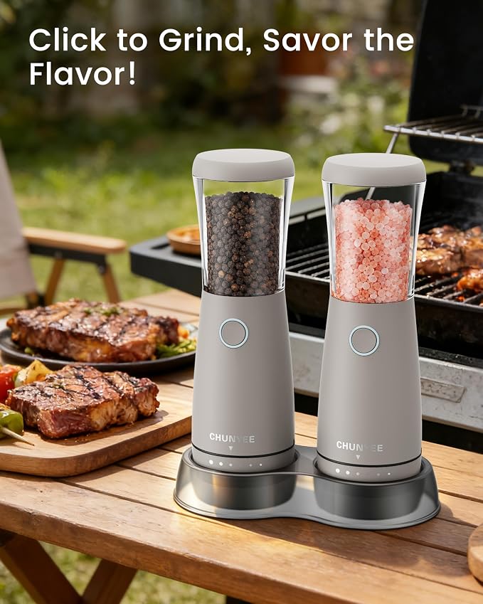 Electric Salt and Pepper Grinder Set - Automatic Stainless Steel Rechargeable Salt and Pepper Grinder Set with Storage Base, Large Capacity, LED Light & Adjustable Coarseness, Ideal Kitchen Gadget