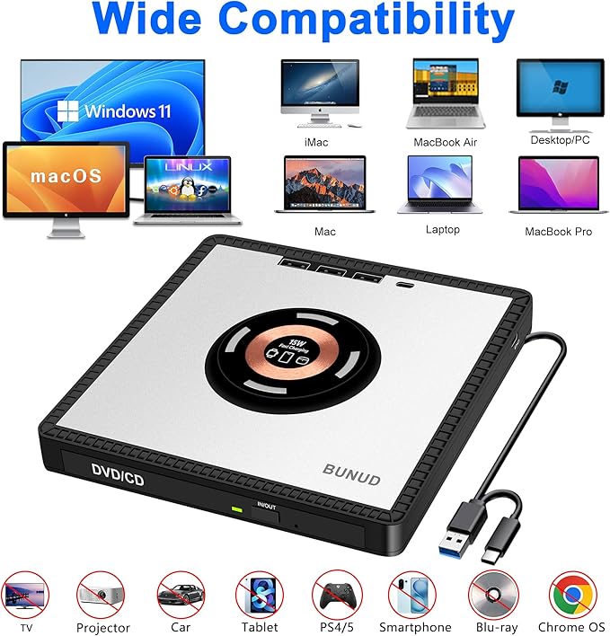 BUNUD External CD/DVD Drive for PC: DVD Burner with 15W Fast Wireless Charger for AirPods 4 3 2 Pro - External DVD Player for Laptop Mac Apple Windows with SD/TF/3 USB Ports