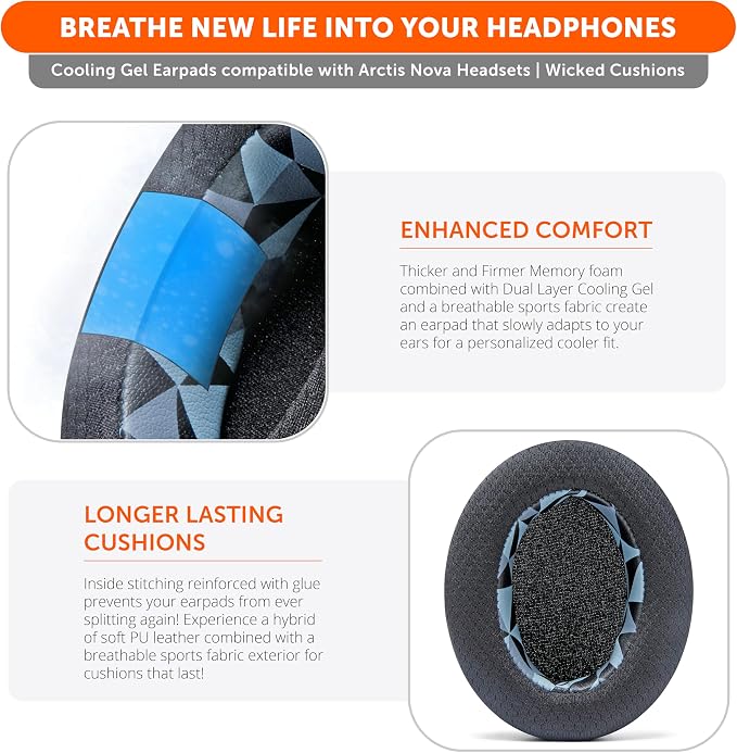 WC Freeze for Arctis Nova - Hybrid Fabric Cooling Gel Replacement Earpads for Arctis Pro Wired, 7, 5, 4, 3, 1 - Made by Wicked Cushions (Does Not Fit Pro Wireless) | Geo Grey