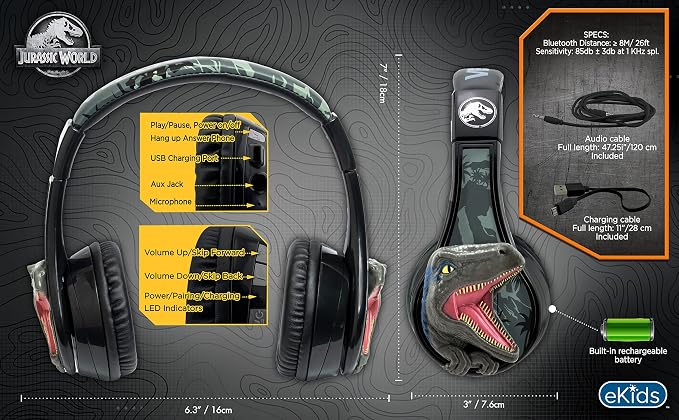 Jurassic World Bluetooth Headphones for Kids, Volume Reduced Wireless Headphones for School Home or Travel (Jurassic World)