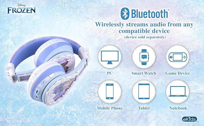 eKids Disney Frozen 2 Bluetooth Headphones with Microphone, Volume Reduced to Protect Hearing, Adjustable Wireless Headphones for School Home Travel, for Fans of Anna and Elsa