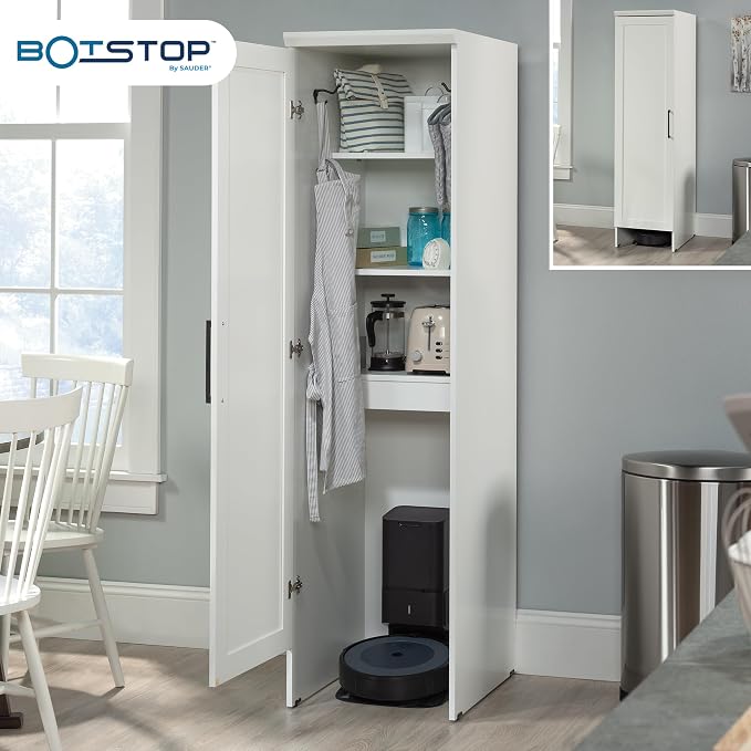 Sauder Homeplus Robot Vacuum Kitchen Pantry Storage Cabinet, Single Door with Adjustable Shelves, in Soft White
