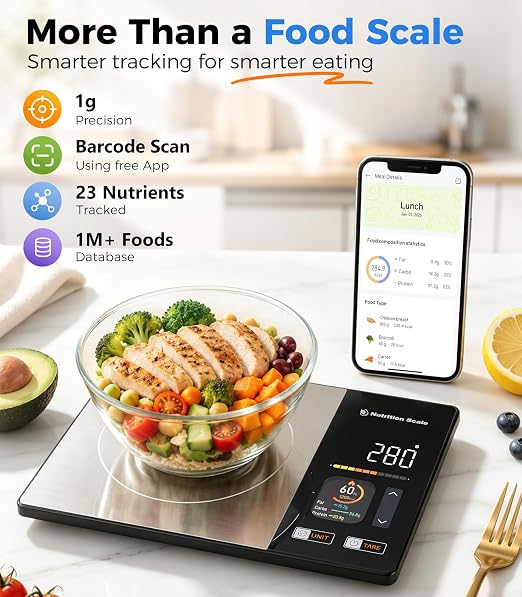 Smart Nutrition Scale - Calorie & Nutrients Tracker for Weight Loss, Fitness, Meal Prep, Free App Connected Food Scale with Barcode Scan, Food Preload & Color Display, 1g Precision, 11lb, Black