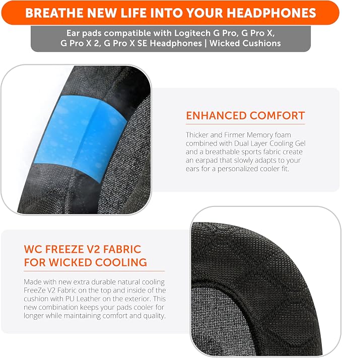 WC Freeze V2 G PRO X – Angled Cooling Gel Earpads Compatible with Logitech G Pro X Series by Wicked Cushions | Angled Pads for Extreme Comfort, New Freeze V2 Cooling Fabric, Extra Thick | Black