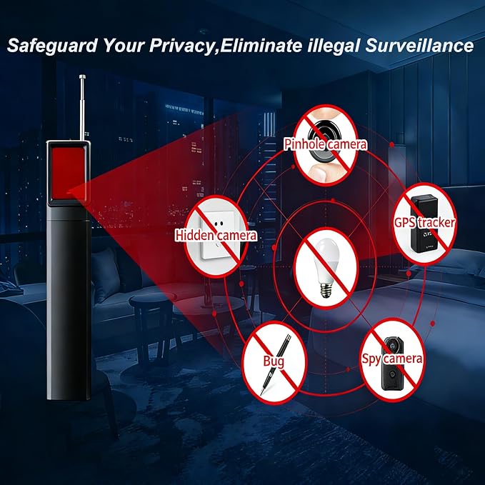 Hidden Camera and RF Bug Detector – Wireless Signal Scanner, Infrared Pin-Hole Camera Finder, Anti-Spy GPS Tracker, Portable Travel Office Security Device, 5 Sensitivity Levels, 25H Battery