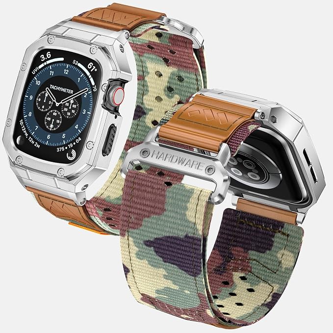BAITEYOU Band with Case Compatible with Apple Watch Band 45mm Series 9 8 7, Nylon Strap with Stainless Steel Metal Rugged Case Cover for iwatch Bands for Men