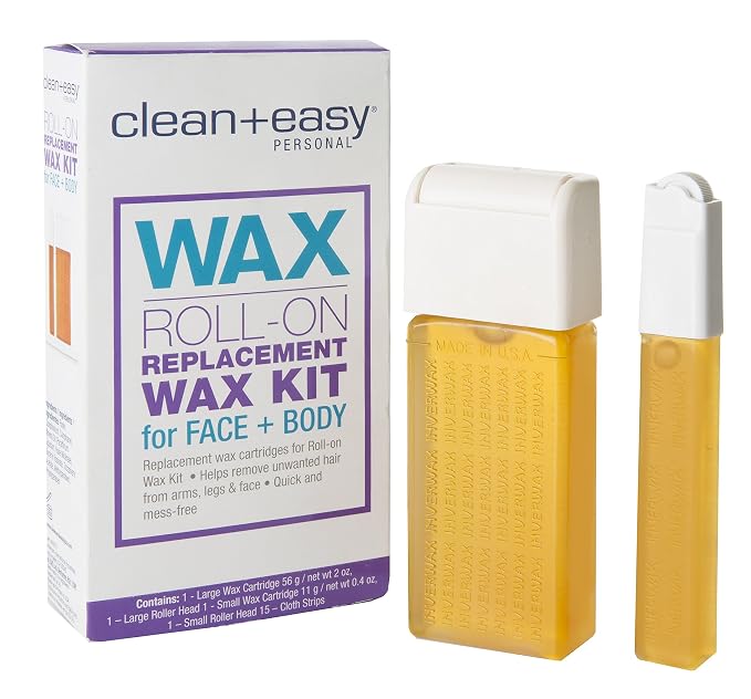 Clean + Easy Roll on Wax Kit – Face & Body Hair Removal Cartridge Refills with Wax Roller Heads, At-Home Use