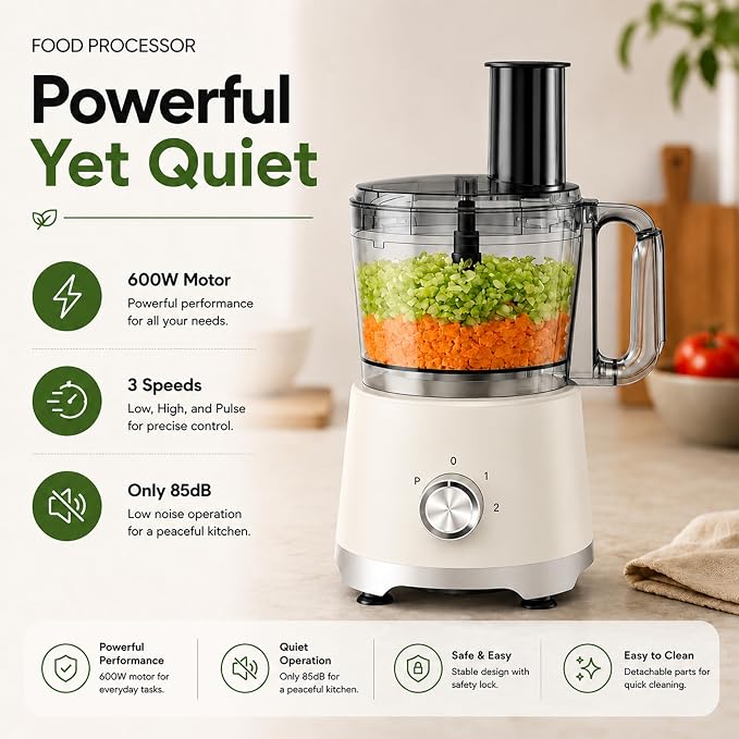 Simple Deluxe Food Processor 10.5 Cup, 2.6QT Multi-use Electric Vegetable Grinder with Slice Shred Chop Knead Functions, Kitchen Appliance for Fruit Smoothie & Dough Mixing, White
