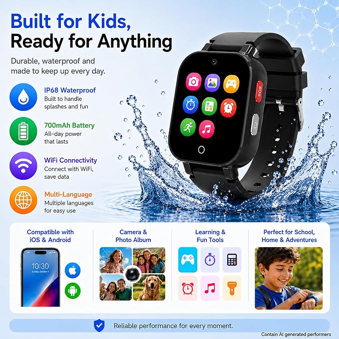 4G Kids Smart Watch with GPS Tracker, Video & Voice Call, SOS, WiFi, IP68 Waterproof, AI Smart Features, Parental Control Phone Watch for Boys Girls Age 4-12(SIM Card Included)