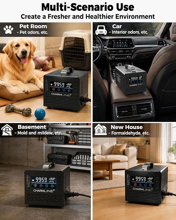 Charmline 60,000 mg/h Smart Ozone Generator with Remote Control, High Capacity O3 Commercial Ozone Machine, Odor Eliminator for Smoke, Pet Smells, Cars, Rooms & Basements, Black