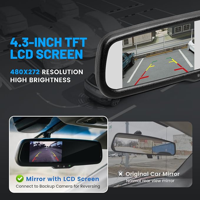 EWAY 4.3" LCD Rearview Mirror Screen OEM Look for Ford F150/250/350 2004-2015, Toyota Tacoma Corolla 2008-2014, Jeep Wrangler 2007-2018 Rear View Mirror Monitor Display with RCA for Backup Camera