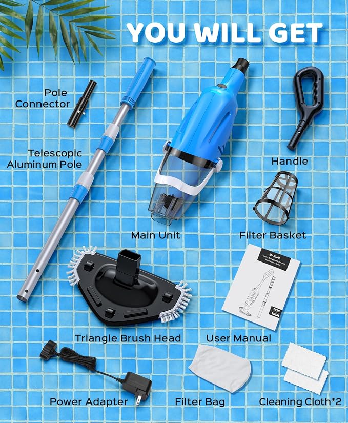 Pool Vacuum for Above Ground Pool with a Telescopic Pole, 80Mins Runtime, Handheld Rechargeable Pool Cleaner with 18.5 Gallons/min Powerful Suction for Above Ground/Inground Pools, Hot Tubs, Spas