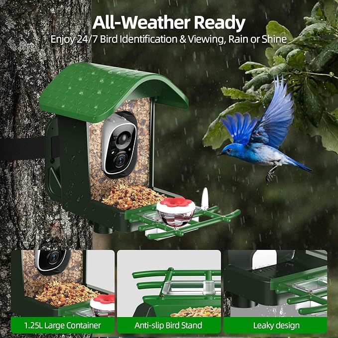 3K HD Smart Bird Feeder with Camera, 2.4GHz WiFi Solar Powered Smart Feeder, AI Bird Species Identification & Real-Time App Alerts, Chew-Proof & Waterproof for Outdoors（Green）-1