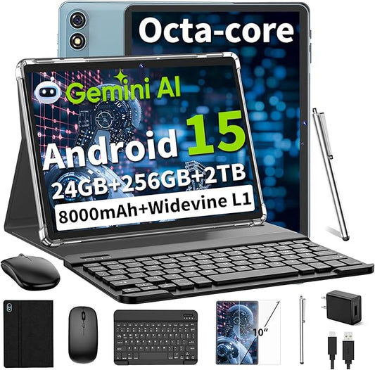 Android 15 Tablet 10 Inch, 2026 Tablet with Keyboard, 24GB+256GB+2TB Expand, Tablets PC with Gemini AI, Octa-Core, 8000mAh, 5G WiFi, Widevine L1, GMS, 2 in 1 Tablets with Case, Mouse, Stylus (Black)