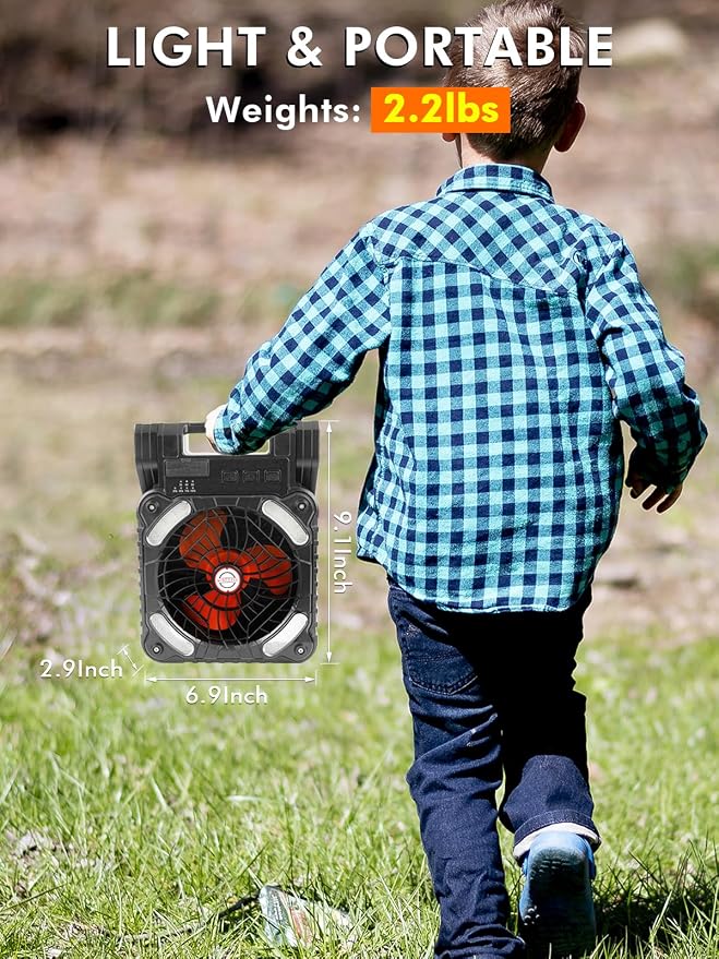 Solar Powered Fan Camping with LED Light, 7" 10400mAh Portable Camping Fans with 4W Solar Panel, Rechargeable Battery Operated Tent Fan for Outdoor Car RV Hurricane
