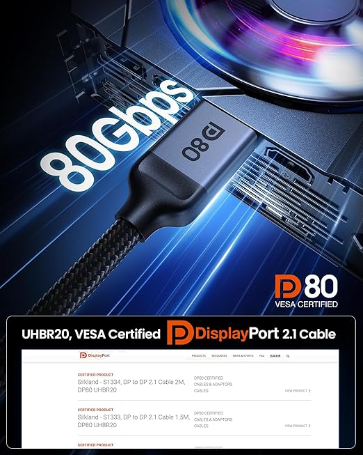 Silkland 80Gbps DisplayPort 2.1 Cable 5FT [VESA Certified], [8K@240Hz, 4K@540Hz 360Hz 240Hz] DP 2.1 Cable, HDR HDCP DSC 1.2a Display Port Cord Compatible FreeSync G-Sync Gaming Monitor 5090 9070 XT
