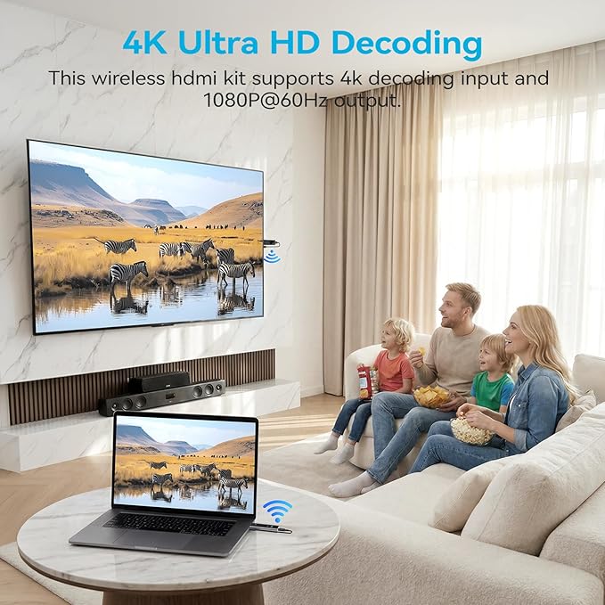 2026 New Wireless HDMI Transmitter and Receiver, 360FT/110M Extender 4K Decode 1080P@60Hz Output with LED Display, Plug&Play 5.8+2.4G Streaming Video/Audio from PC/Laptop/TV Box to Monitor