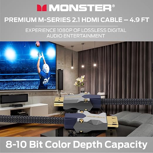 Monster M3000 Ultra High Speed HDMI Cable 4.9 ft, 8K 60Hz, 48 Gbps, HDR, ARC/eARC, 7.1 Audio, Braided Duraflex Jacket, Gold Plated Connectors, HDMI Cable for TV, Gaming, Monitor, Soundbar