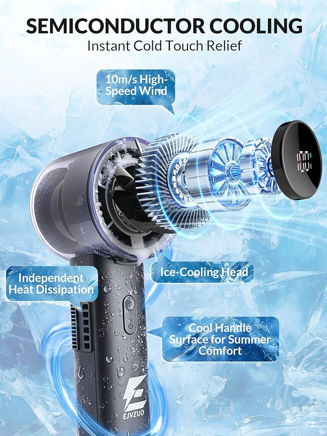 Semiconductor Ice Cooling Fans That Blow Cold Air,Portable Fan | handheld,rechargeable,hand cooling,4500mAh,6-speed,20000 RPM turbo,digital display,Ideal for camping,commuting & outdoor use