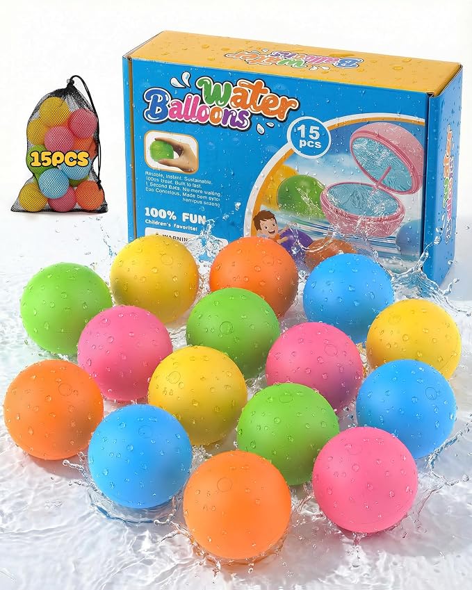 15Pcs Reusable Water Balloons for Kids & Family Outdoor Play – Quick Fill, Soft Silicone, Easy to Collect, No Magnets, Perfect for Yard, Pool Beach Games, Summer Water Toys