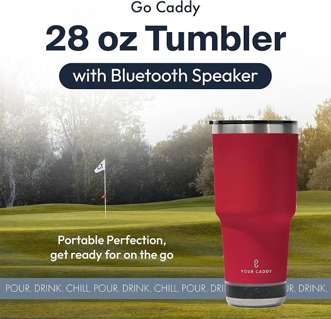 Vibe Tumbler with Bluetooth Speaker, Insulated Stainless Steel Travel Cup with Lid, Hot and Cold Drink Cup, Removable Speaker with Microphone, Portable Music Tumbler, 28 oz, Red