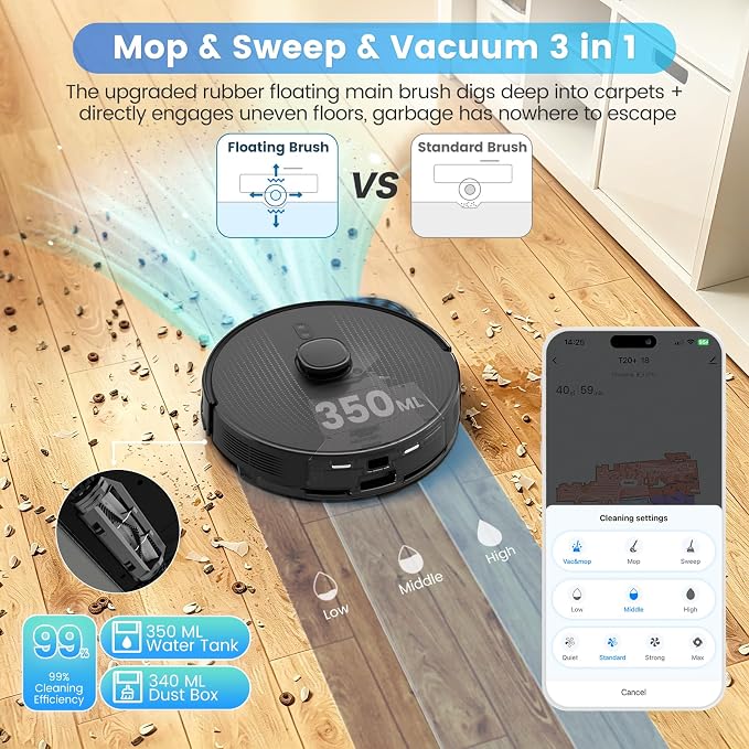 T20+ Robot Vacuum and Mop Combo Self‑Emptying with 6000Pa Suction, LiDAR Navigation, Home Mapping, 75‑Day Capacity, 180 Mins Runtime, APP&Voice&Remote, Robot Vacuum Cleaner for Hair, Floors, Carpets