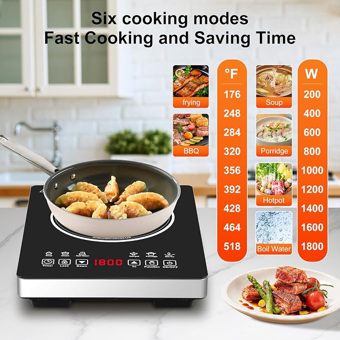 Single Burner Induction Cooktop,Hot Plate with 6 Cooking Modes, portable cooktop with LCD touch control,9 Levels &3H Timer,1800W 110V Portable induction Cooktop