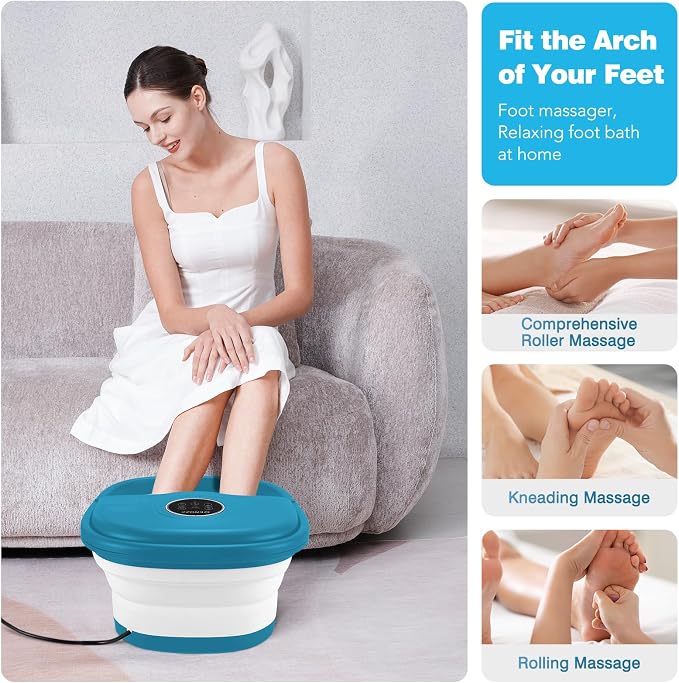 KNQZE Collapsible Foot Spa with Heat, Remote Control, Temperature Control, Bubbles, Pumice Stone, Red Light, Timer, 16 Massage Roller Pedicure Foot Bath Tub Foot Soaker for Relaxation & Stress Relief
