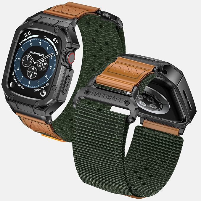 BAITEYOU Band with Case Compatible with Apple Watch Band 45mm Series 9 8 7, Nylon Strap with Stainless Steel Metal Rugged Case Cover for iwatch Bands for Men
