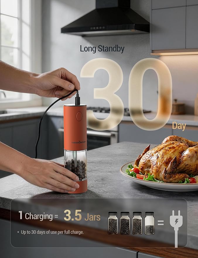 ThermoMaven Electric Salt and Pepper Grinder Set, 110ml Larger Rechargeable Automatic Salt and Pepper Mill Grinder with 6 Adjustable Coarseness, Electric Salt and Pepper Shakers, LED, Burnt Orange