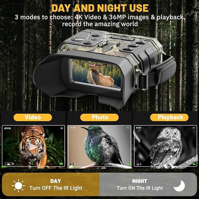 WOSPORTS 4K Infrared Night Vision Goggles – 1300FT Range, 8X Digital Zoom, 32GB Card, 15H Battery, Suitable for Camping, Gift for Men - Camo