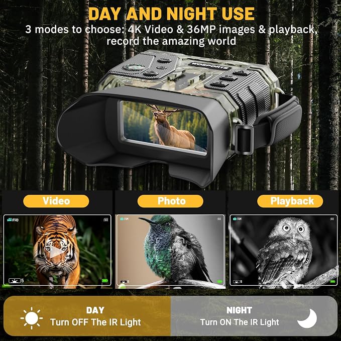 WOSPORTS Night Vision Goggles, 4K Night Vision Binoculars for Adults, 1300FT Range Vision, 8X Digital Zoom, 32GB Card, 15H Battery, Suitable for Camping, Gift for Men - Camo
