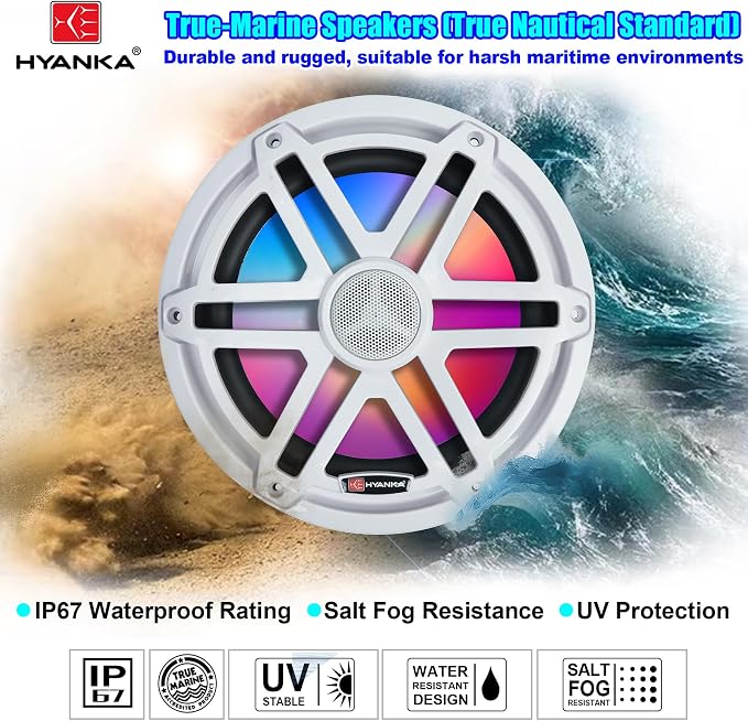 H YANKA HMS-08W 8" Marine Speakers - 1000W 2-Way IP67 Waterproof Boat Stereo System with LED Lights, High-Fidelity Coaxial Speakers, Y30 Magnet Woofer, UV & Salt Spray Resistant - 1 Pair (White)