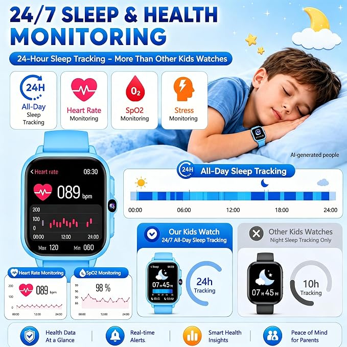Smart Watch for Kids, 1.85" Fitness Tracker with Camera, Game, Music, SOS, AI, Alarm Clock, Video,Parent Control, 24/7 Heart Rate Sleep Monitor, 100+ Sport Modes, IP68 Waterproof, Gifts for Boys Girls