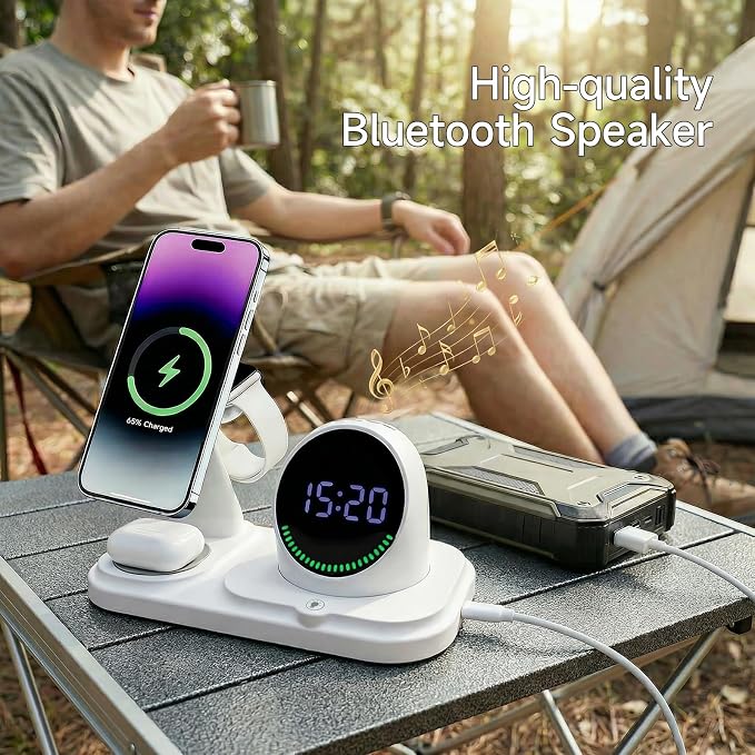 6 in 1 Wireless Charger Charging Station : Compatibility for iPhone 17 16 15 14 13 Pro Max Apple Watch, Charger Stand for Apple Devices, with Wireless Speaker and Digital Clock Ambient Lights (White)