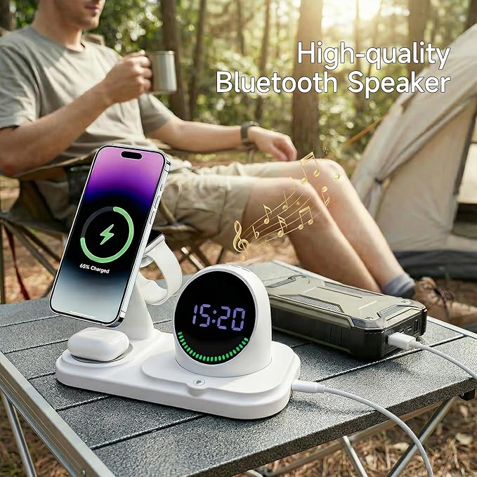 6 in 1 Wireless Charger Charging Station : Compatibility for iPhone 17 16 15 14 13 Pro Max Apple Watch, Charger Stand for Apple Devices, with Wireless Speaker and Digital Clock Ambient Lights (White)