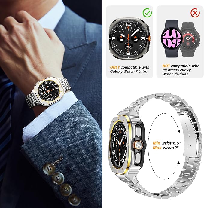 SUPLINK Stainless Steel Case and Band Compatible with Samsung Galaxy Watch Ultra Bands 47mm(2025/2024), Rugged Protective Case Bumper Metal Bands for Samsung Ultra Watch Band Men, Silver Gold