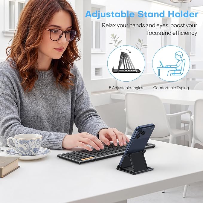 Foldable Keyboard and Mouse Combo for 3 Devices, OMOTON Wireless Bluetooth Set for Business Travel & Office, Rechargeable Keyboard + Ergonomic Mouse for iPad iPhone Tablet Mac Windows, Space Grey