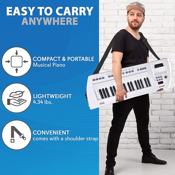 Pyle 37 Key Portable Piano Keyboard, Compact Electronic Piano with Built-in Speakers, Wired Mic, Rechargeable Battery & Strap, Digital Musical Keyboard for Beginners, Travel, and Karaoke Fun